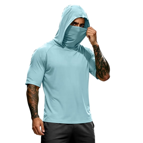 Mens Sun Protection Hoodie UPF 50+ Short Sleeve Sun Shirts Lightweight Quick Dry Rash Guard with Mask Fishing Shirts, S
