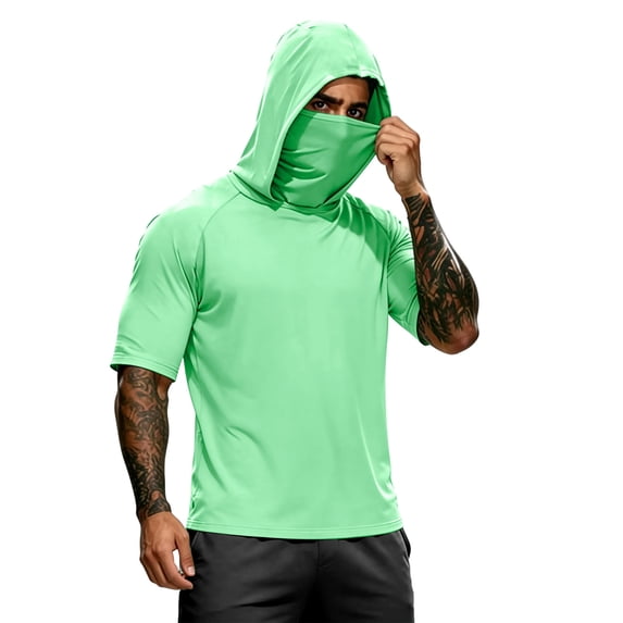 Mens Sun Protection Hoodie UPF 50+ Short Sleeve Sun Shirts Lightweight Quick Dry Rash Guard with Mask Fishing Shirts, S