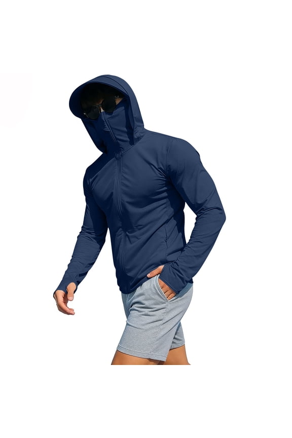 Mens Sun Protection Hoodies Jacket with Face Mask Quick Dry Long Sleeve Zipper Up Hooded Coat Thumb Hole Lightwieght Cooling Hiking Fishing Clothes