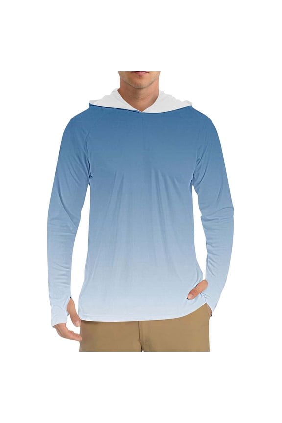 Mens Sun Protection Hoodies Lightweight Pullover Long Sleeve UV Shirts Breathable Gradient Printed Casual Stretchy Hiking Fishing Tops with Thumb-Hole