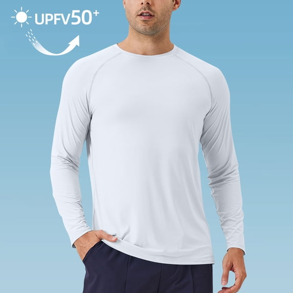 Mens Sun Protection Shirts Lightweight Long Sleeve Crewneck T-Shirts Casual Solid Color Pullover Stretchy Slim Breathable Athletic Hiking Tops