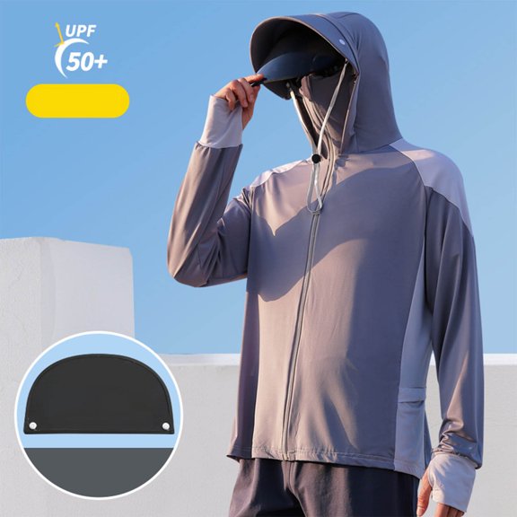 Mens Sun Protection Shirts with Hood and Pockets Long Sleeve UPF 50  UV Jackets Lightweight Color-Block Breathable Cooling Fishing T-Shirts