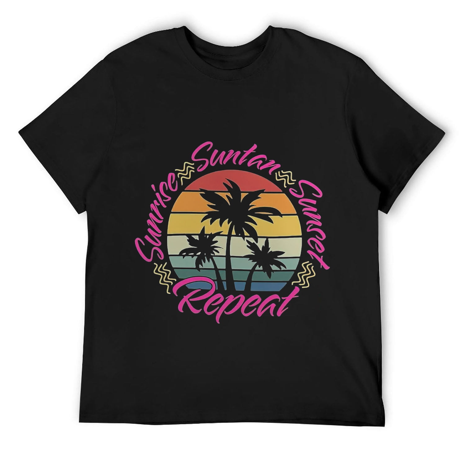 Mens Sunrise Suntan Sunset Repeat Retro Palm Trees Design T Shirt Black