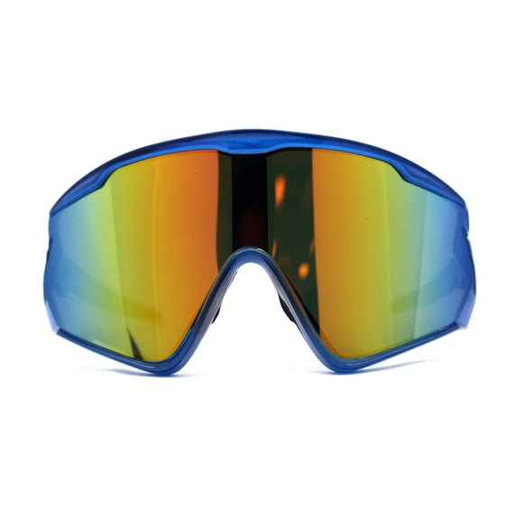 Mens Super Oversized Block Shield Geometric Bevel Cut Sport Sunglasses Blue Orange Mirror