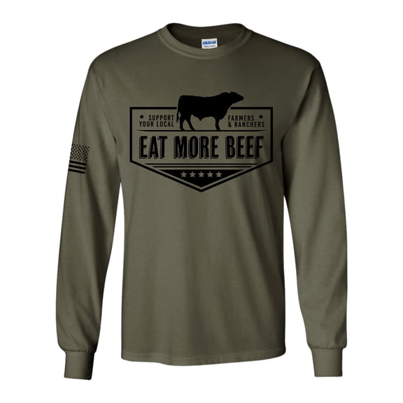 Mens Support Your Local Farmers Eat More Beef Farm to Table Long Sleeve T-shirt Graphic Tee-Military-small