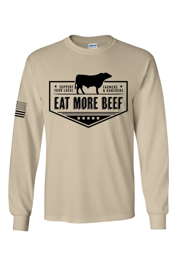 Mens Support Your Local Farmers Eat More Beef Farm to Table Long Sleeve T-shirt Graphic Tee-Sand-small