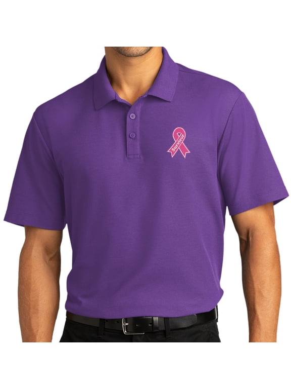 Mens Survivor Breast Cancer Awareness Patch Short Sleeve Polo Shirt, 3XL Purple