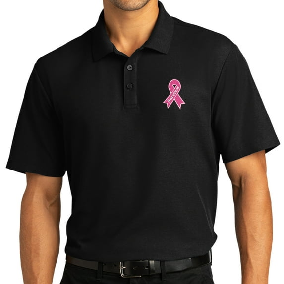 Mens Survivor Breast Cancer Awareness Patch Short Sleeve Polo Shirt, Large Deep Black