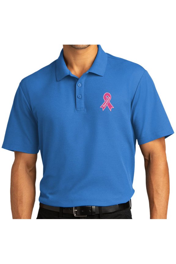 Mens Survivor Breast Cancer Awareness Patch Short Sleeve Polo Shirt, Large Strong Blue