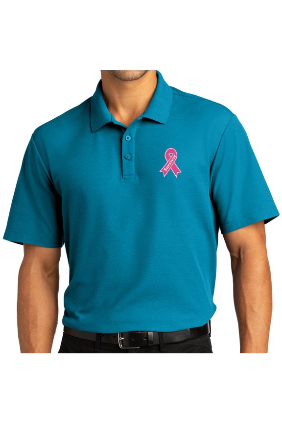 Mens Survivor Breast Cancer Awareness Patch Short Sleeve Polo Shirt, Small Parcel Blue