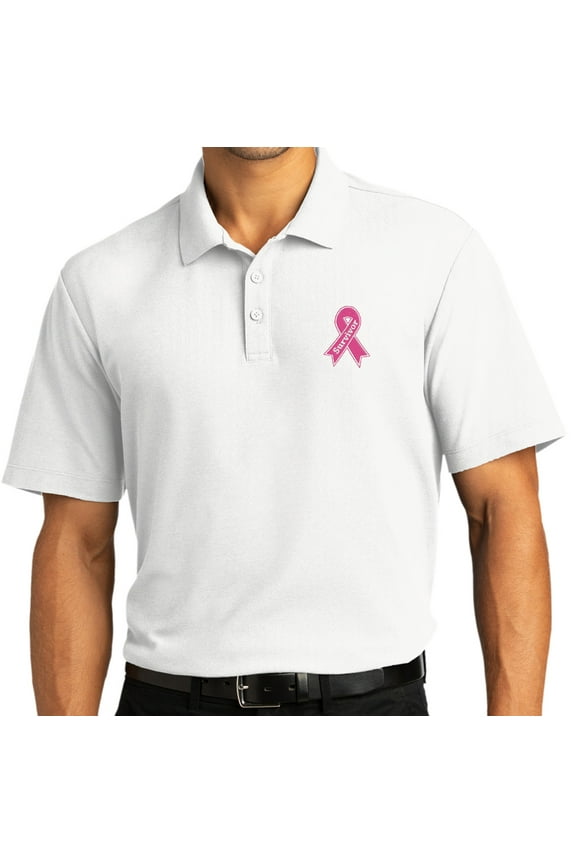 Mens Survivor Breast Cancer Awareness Patch Short Sleeve Polo Shirt, XL White
