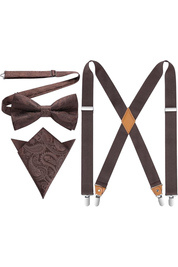Mens Suspenders Strong Clips Heavy Duty X- Back Adjustable Suspenders Elastic Braces Pre-BowTie Set for Work Party