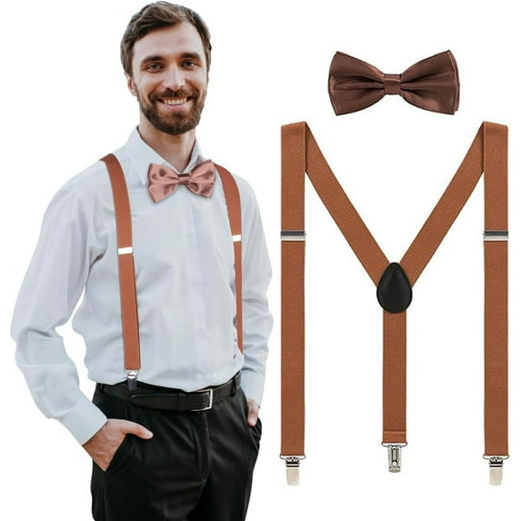 Mens Suspenders and Bow Tie Set - Adjustable Elastic Clip Suspenders with multiple colors for Party and Wedding