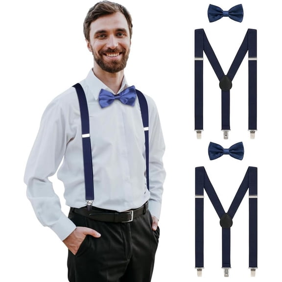 Mens Suspenders and Bow Tie Set - Adjustable Elastic Clip Suspenders with multiple colors for Party and Wedding