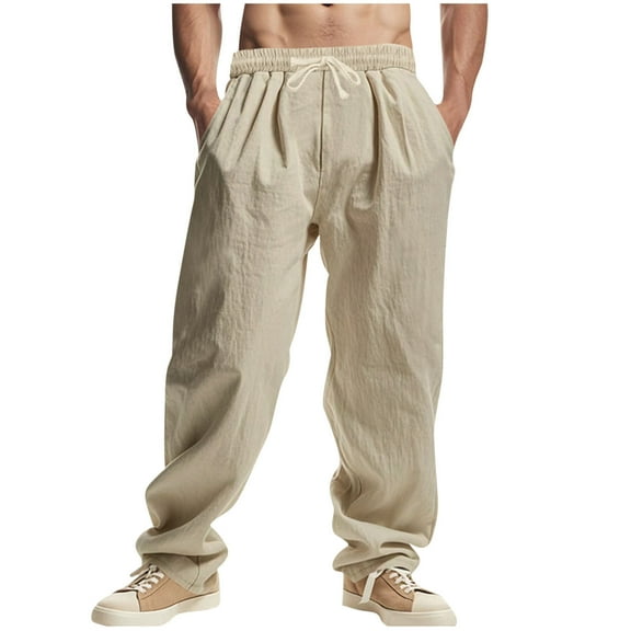 Mens Sweat Pants, Men's Cotton Linen Pants Elastic Waist Drawstring Casual Trouser Lightweight Straight-Legs Loose Beach Yoga Pants with Pockets S-3XL