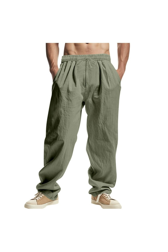 Mens Sweat Pants, Men's Cotton Linen Pants Elastic Waist Drawstring Casual Trouser Lightweight Straight-Legs Loose Beach Yoga Pants with Pockets S-3XL