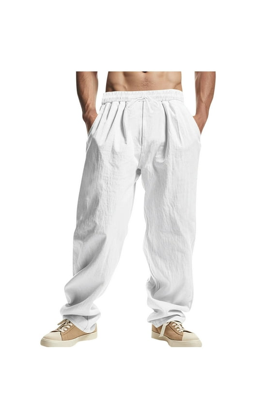 Mens Sweat Pants, Men's Cotton Linen Pants Elastic Waist Drawstring Casual Trouser Lightweight Straight-Legs Loose Beach Yoga Pants with Pockets S-3XL