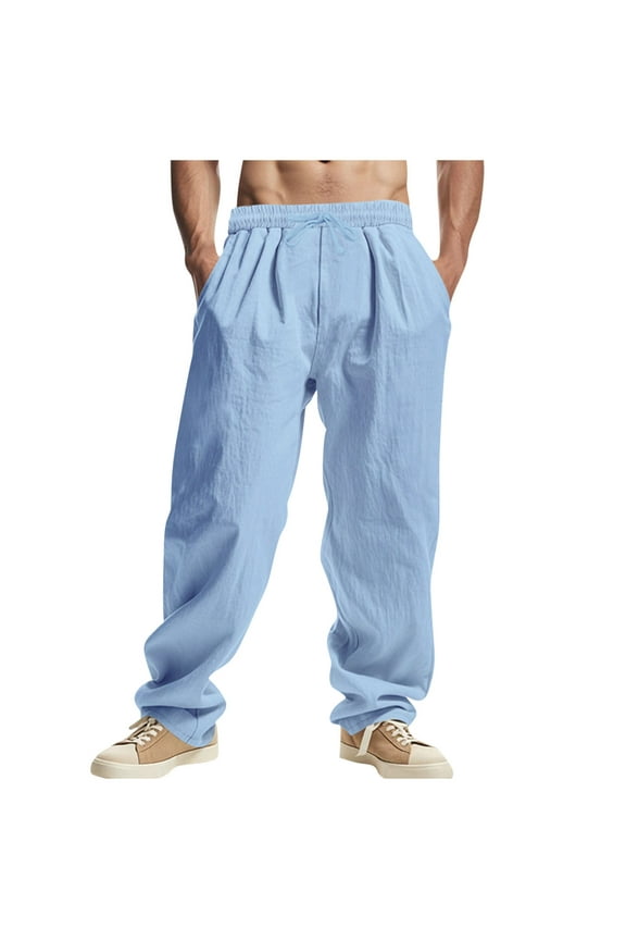 Mens Sweat Pants, Men's Cotton Linen Pants Elastic Waist Drawstring Casual Trouser Lightweight Straight-Legs Loose Beach Yoga Pants with Pockets S-3XL
