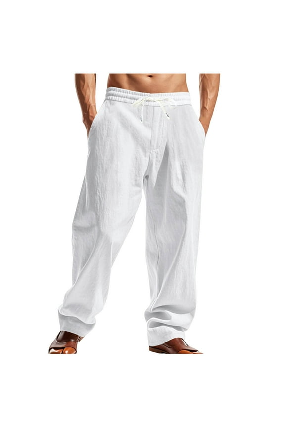 Mens Sweat Pants, Men's Linen Cotton Casual Pants Elastic Waist Drawstring Lightweight Pants Loose Fit Summer Beach Yoga Trousers S-3XL