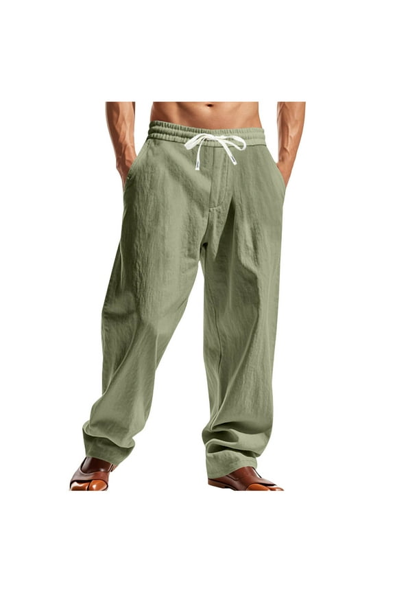 Mens Sweat Pants, Men's Linen Cotton Casual Pants Elastic Waist Drawstring Lightweight Pants Loose Fit Summer Beach Yoga Trousers S-3XL