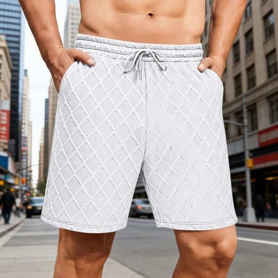 Mens Sweat Shorts Drawstring Summer Beach Stretch Texture Fashion Running Shorts with Pockets White L