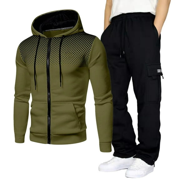 Mens Sweat Suits 2 Piece Set Hooded Drawstring Zipper Sweatshirt Jacket Solid Color Cargo Trousers Athleisure Training Winter Suit Set
