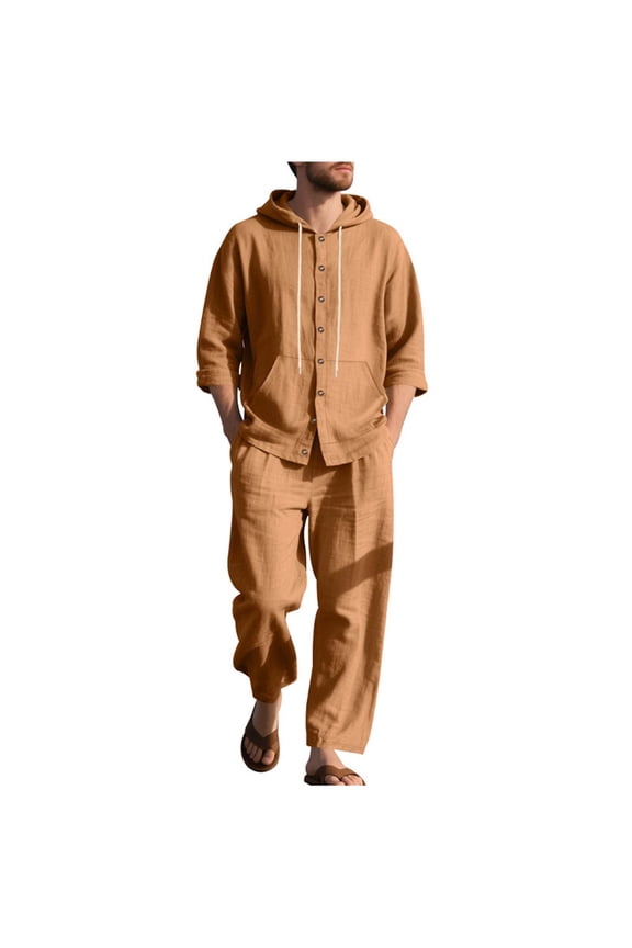 Mens Sweat Suits 2 Piece Set Long Sleeve Button Down Hoodies and Long Pants Elastic Waist for Workout Sportswear, L