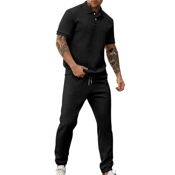 Mens Sweat Suits Set Tracksuit 2 Piece Outfits Short Sleeve Casual Polo Sweatshirt & Loose Jogging Pants Textured Black