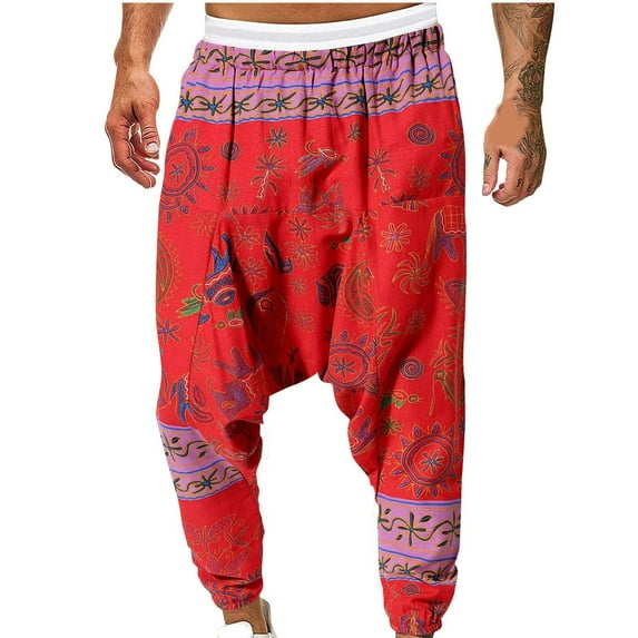 Mens SweatPants Men's Spring/summer Fashion Print Casual Baggy Crotch Hip Hop Bunched Pants Men Pants Casual,Casual Pants for Men SweatPants Men Gym Pants Men