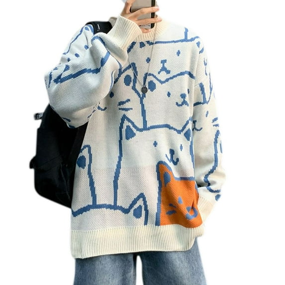 Mens Sweater 2023 Autumn Winter Men Long Sleeve Pullovers Outwear Fashion Cat Print Round Neck Sweater Oversized Top
