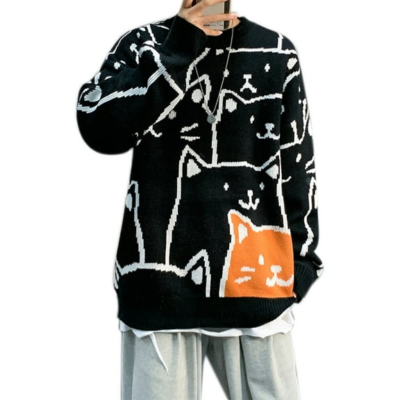 Mens Sweater 2023 Autumn Winter Men Long Sleeve Pullovers Outwear Fashion Cat Print Round Neck Sweater Oversized Top