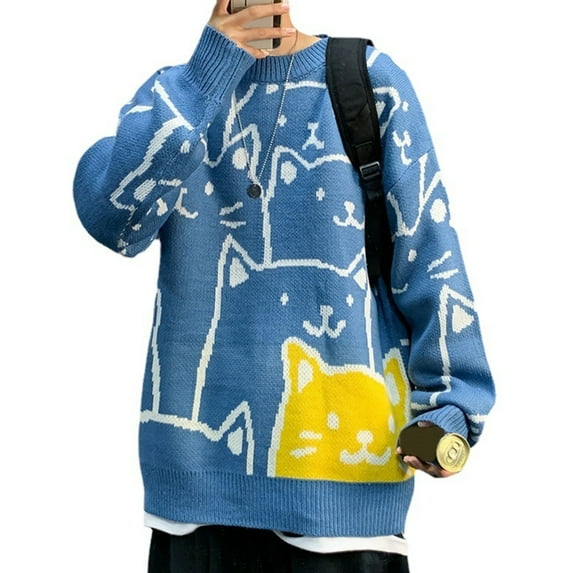 Mens Sweater 2023 Autumn Winter Men Long Sleeve Pullovers Outwear Fashion Cat Print Round Neck Sweater Oversized Top