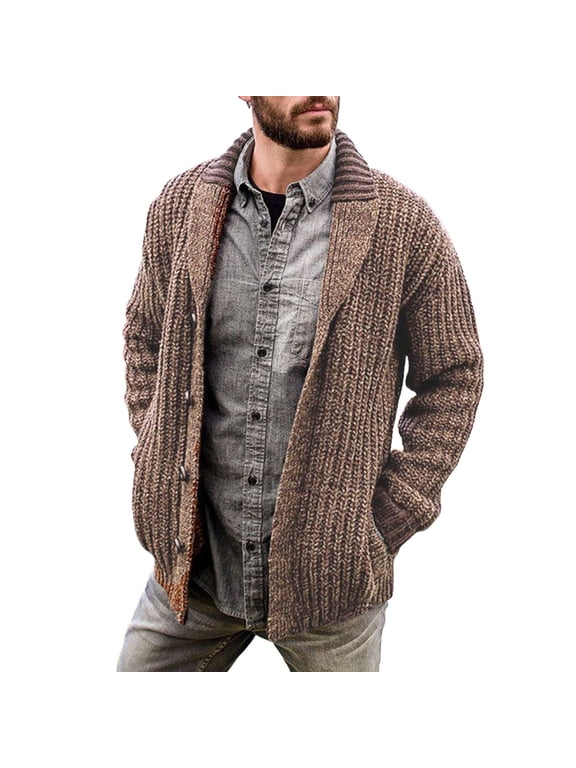Mens Sweater - Autumn Winter Cable Knit Cardigan Shawl Collar Loose Fit Long Sleeve Casual Sweater Jacket, Soft Warm Fabric, Daily Wear, Cozy Outerwear, Men's Clothing
