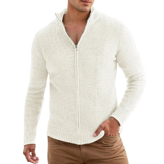 Mens Sweater, Autumn Winter Stand Collar Zip Front Cardigan Casual Style Long Sleeve Knitwear Sweater Jacket, Cold Weather Warmth, Daily Outdoor Wear, Men's Clothing