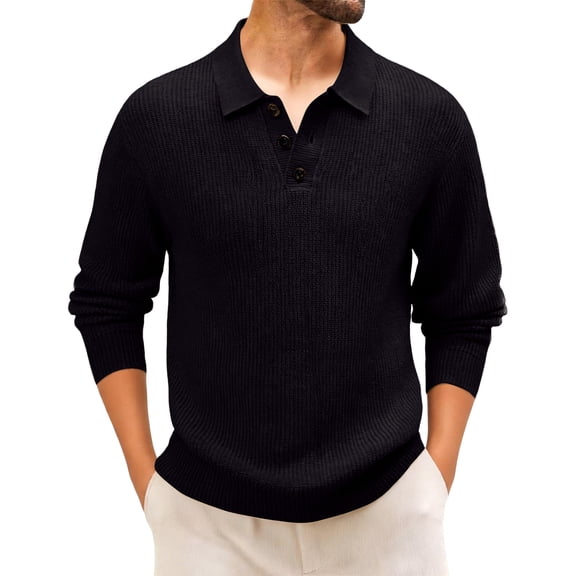 Mens Sweater Cable Knit Polo Collar Sweaters for Fall Winter Black 3XL