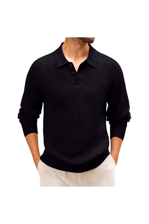 Mens Sweater Cable Knit Polo Collar Sweaters for Fall Winter Black M