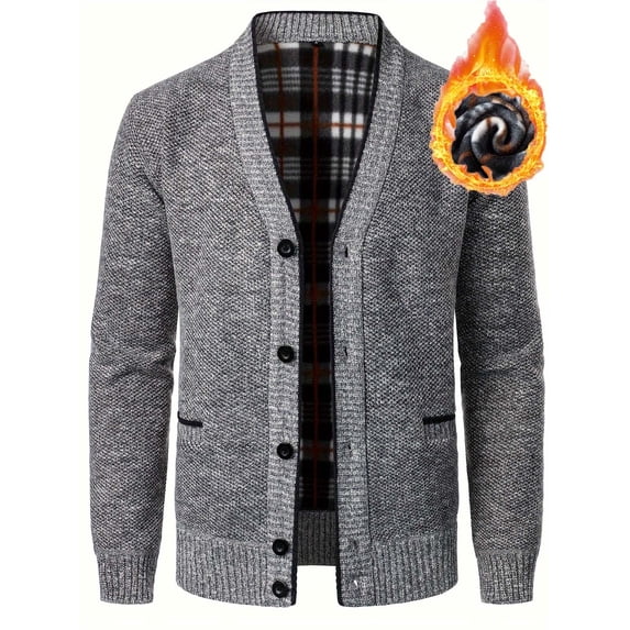 Mens Sweater Cardigan Soft Knitted Long Sleeve Fleece Lined Man Coats Fall Winter Basic Sweater Cardigans Gray M