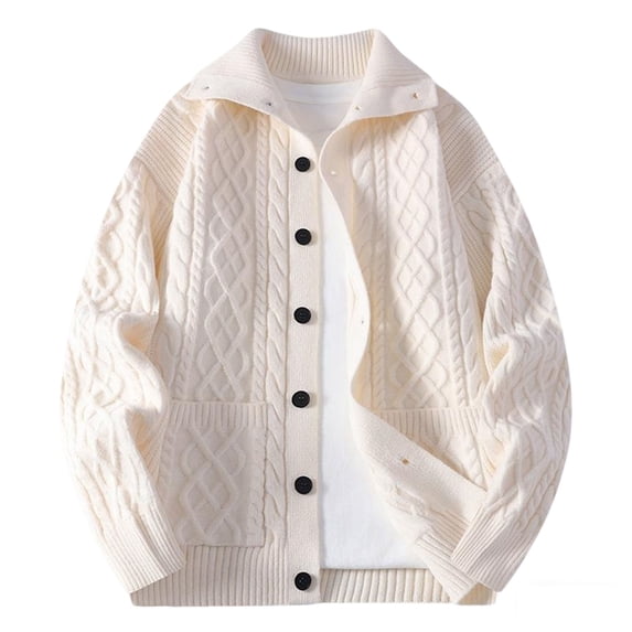 Mens Sweater Cardigan with Pockets Zip-up/Button-up Cable Knit Jackets Lapel Long Sleeve Loose Casual Outerwear (3XL, Beige)