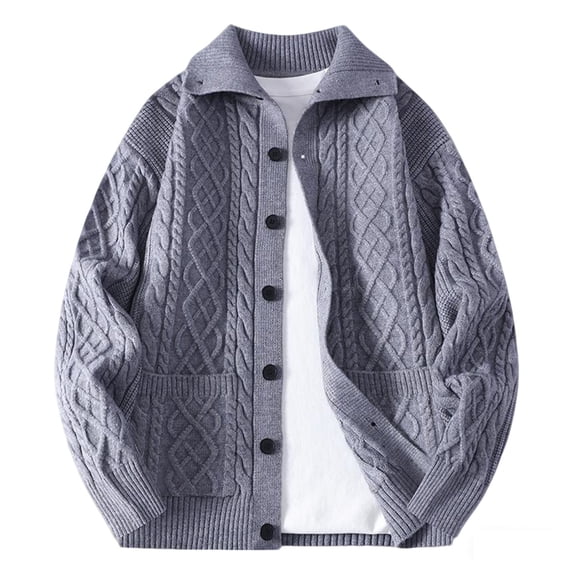 Mens Sweater Cardigan with Pockets Zip-up/Button-up Cable Knit Jackets Lapel Long Sleeve Loose Casual Outerwear (3XL, Gray)