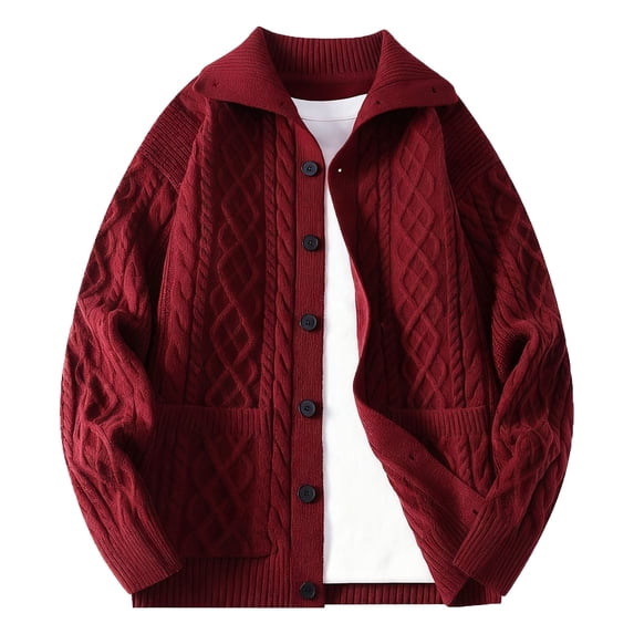 Mens Sweater Cardigan with Pockets Zip-up/Button-up Cable Knit Jackets Lapel Long Sleeve Loose Casual Outerwear (L, Wine)