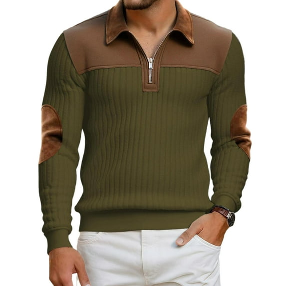 LWavelet Men's Ribbed Texture Color Block Quarter Zip Pullover - Collar & Elbow Patches Casual Fall Winter Top Army Green 2XL