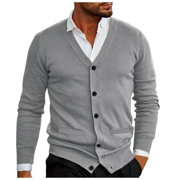 Mens Sweater Coat Tops Solid Color V Neck Button Up Loose Comfortable Business Mens Warm Jackets,GY2,M