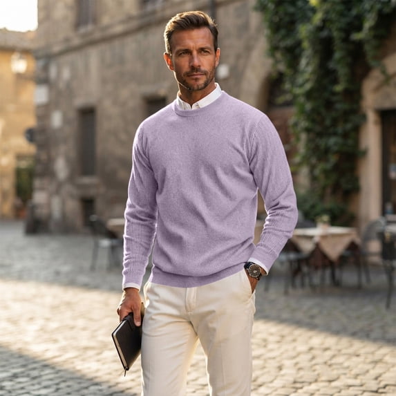 Knit Ribbed Purple Top Mens Sweater Crew Neck Long Sleeve Ribbed Knit Pullover Solid Color ...