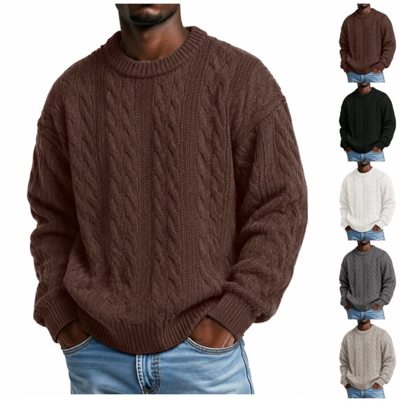 Mens Sweater Crewneck Cable Knit Pullover Twist Textured Long Sleeve Solid Sweater Business Casual Fall Winter Tops