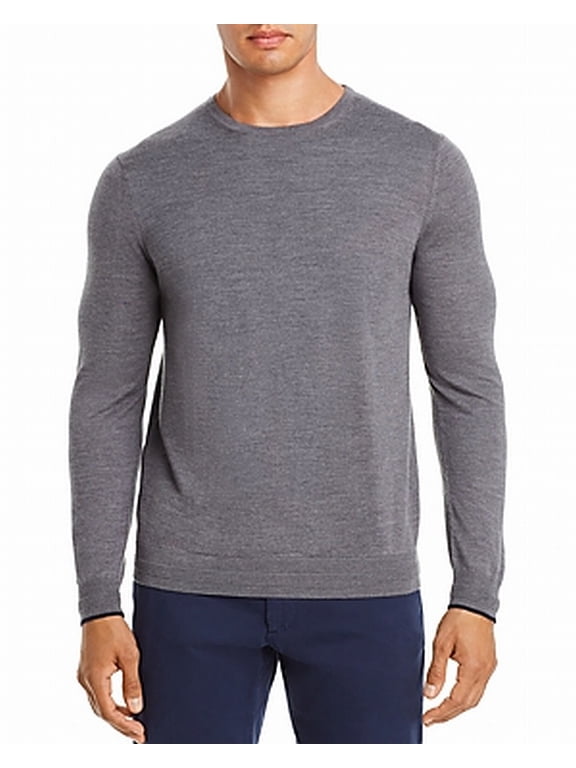 Mens Sweater Gray Large Crewneck Wool Solid Pullover $198 L