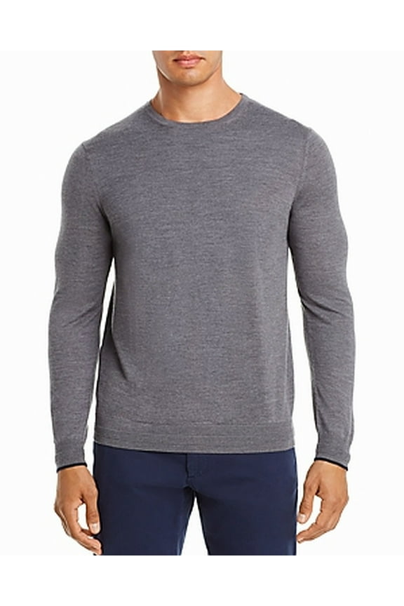 Mens Sweater Gray Large Crewneck Wool Solid Pullover $198 L