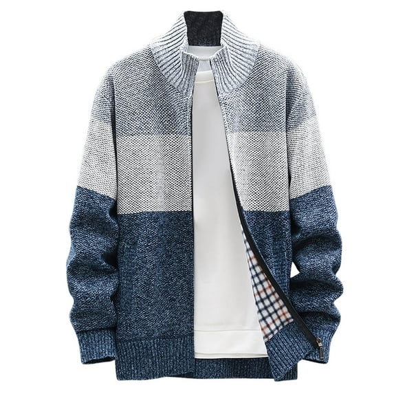 Mens Sweater Jackets Cardigans Casual Stand Collar Knitted Sweater Cardigan Loose Fit Color Block Lightweight Fleece Lined Full Zip Knitwear Winter Coat