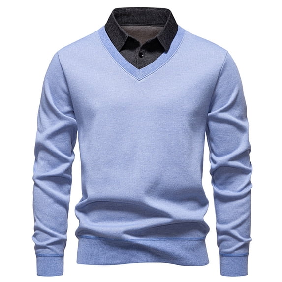 Mens Sweater Knit Tops Blouse Two-Piece Shirt Collar Solid Long Sleeve Crew Neck Casual Fall Winter Pullover