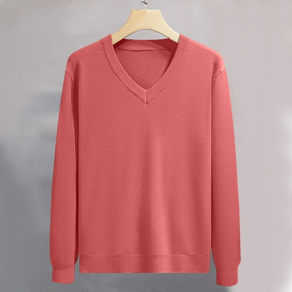 Mens Sweater Long Sleeved V Neck Solid Color Texture Design Sweater Wine M