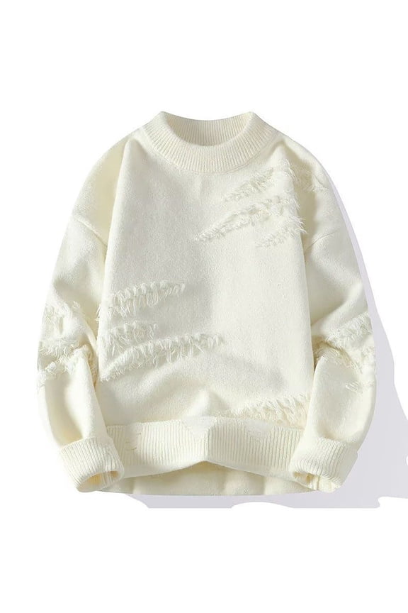 Mens Sweater Loose Oversized Ripped Pullover Knit Sweaters Stylish Drop Shoulder Casual Crewneck Long Sleeve Soft Rip Pattern Fall Winter Warm Fashion Jumpers, White (Small)